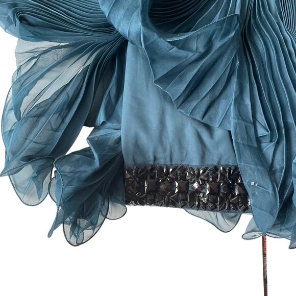 Marchesa Silk Knife Pleated Party Dress Strapless Black Crystals Teal 4 NWT - Picture 8 of 12